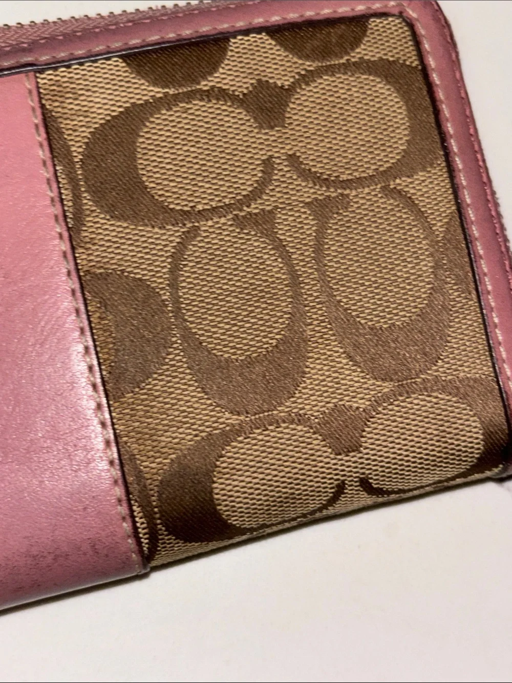 Coach Brown Signature Canvas Wallet with Pink Trim